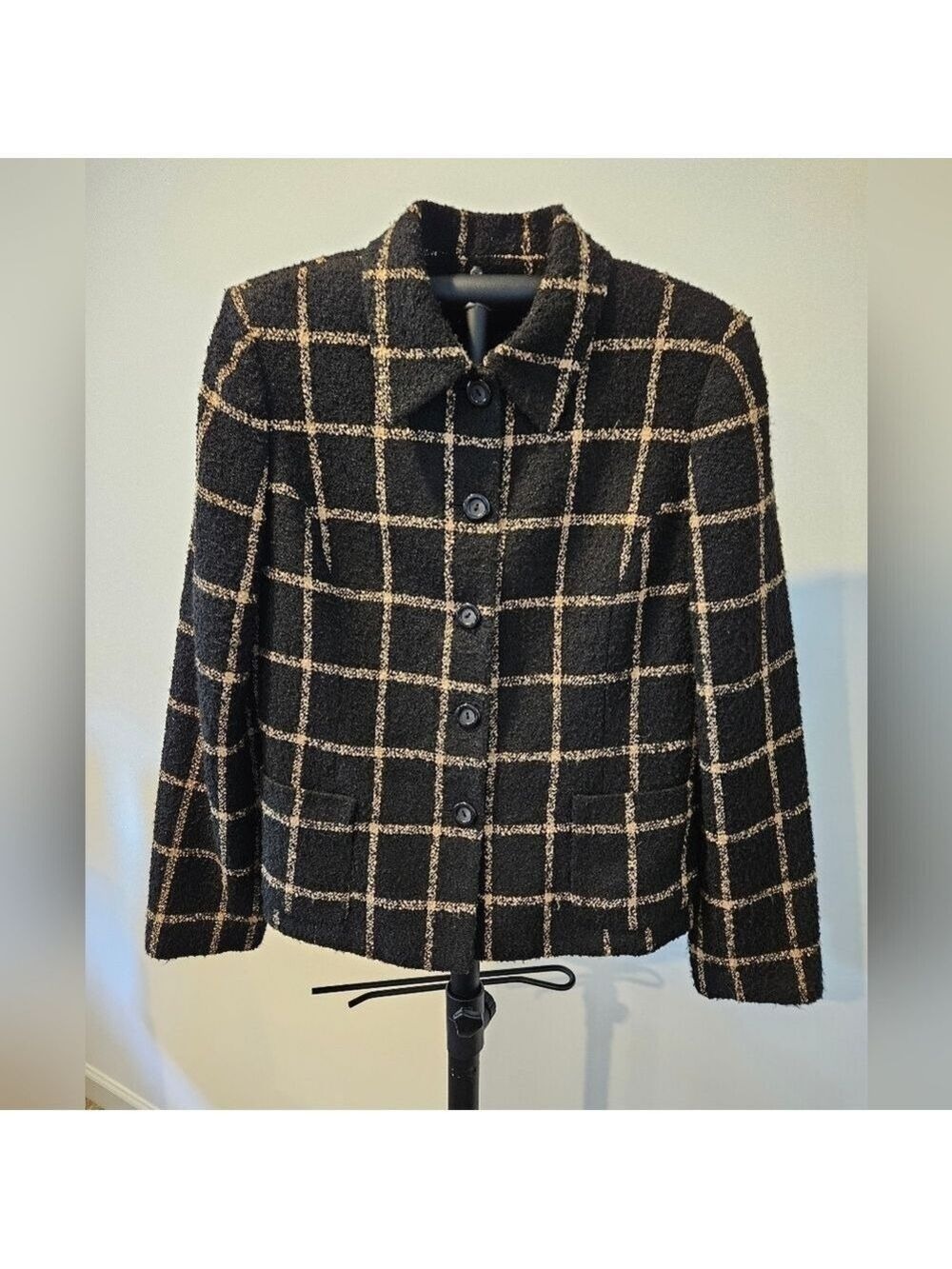 KASPER WOMEN'S BLACK & TAN CHECKER TWEED WOOL BLEND LONG SLEEVED BLAZER SIZE 10
